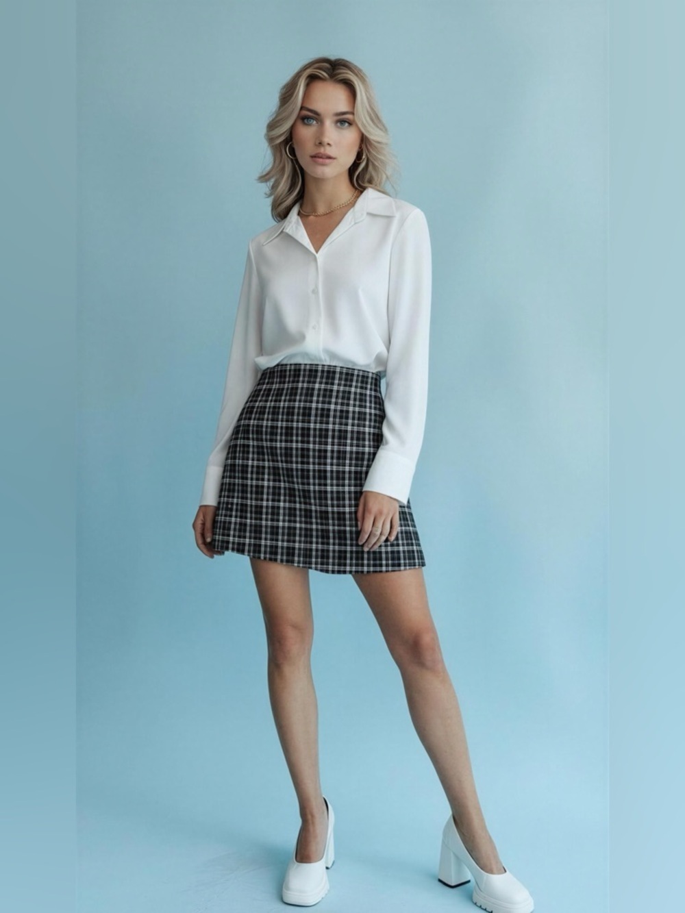 LOFT Black and White Plaid Mini Skirt